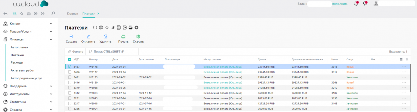 Поля раздела Платежи