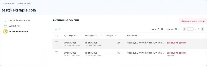 Список ссесий пользователя Список ссесий пользователя
